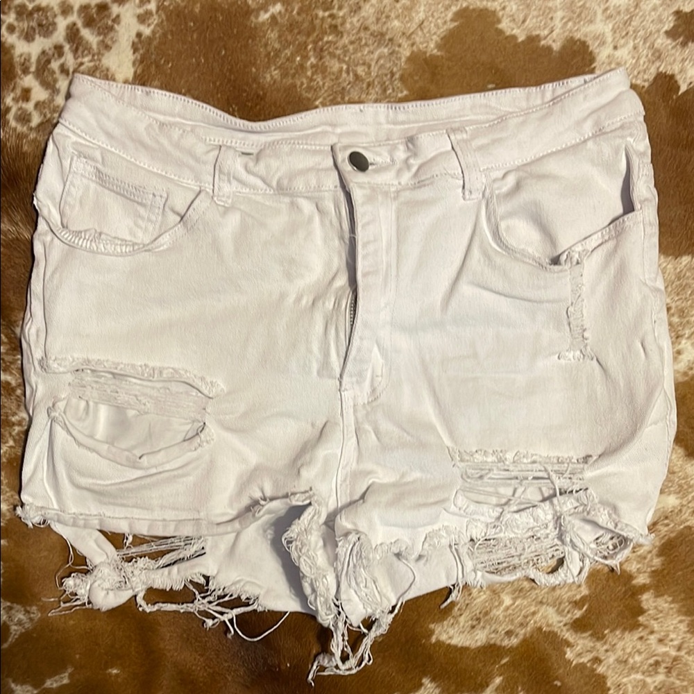 SHEIN White Jean Shorts Distressed Frayed Hem